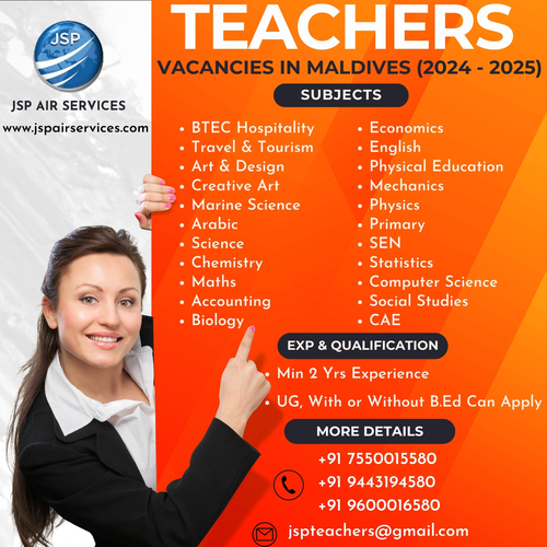 Teacher vacancy in Maldives | JSP Air Services