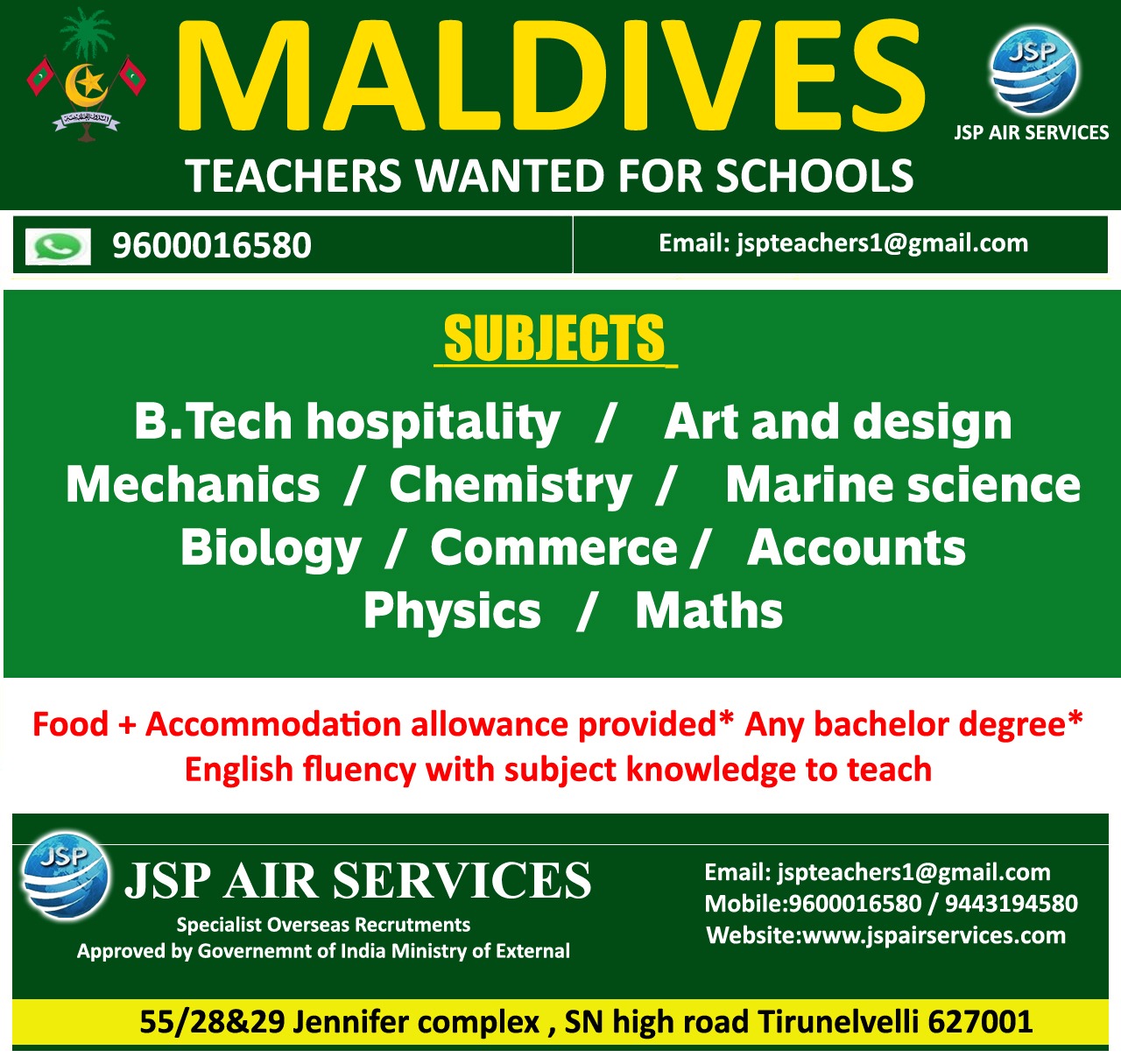 Teacher vacancy in Maldives | JSP Air Services