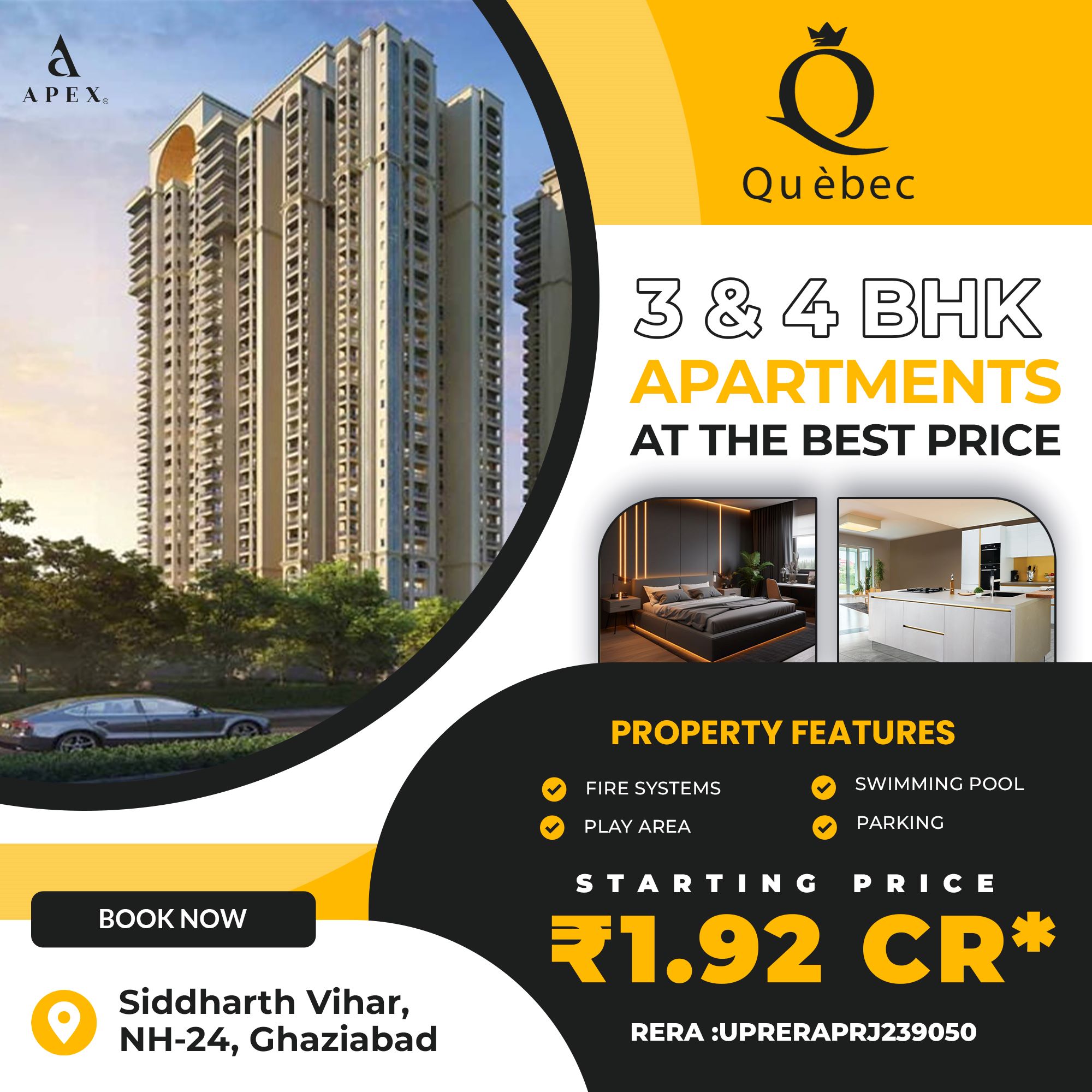 Luxury 3/4 BHK Apartments by Apex Quebec, Siddharth Vihar, Ghaziabad